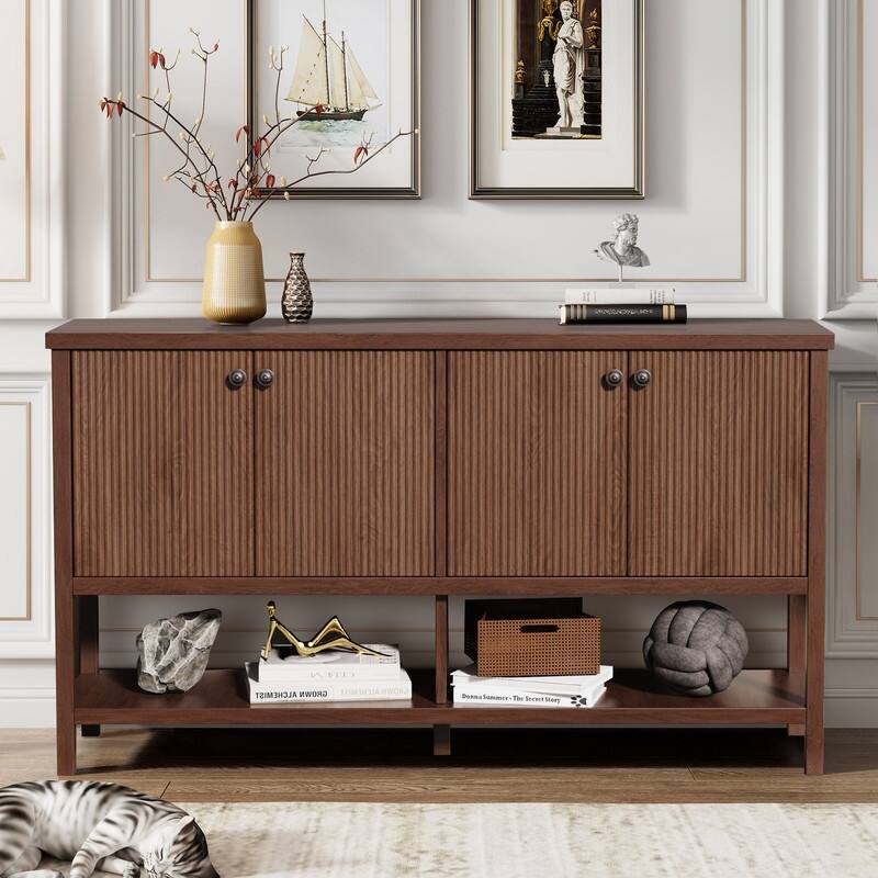 59" Sideboard Buffet Cabinet – Fluted 4-Door Storage, Farmhouse Accent Sideboard Large Console Table for Kitchen or Hallway - Espresso