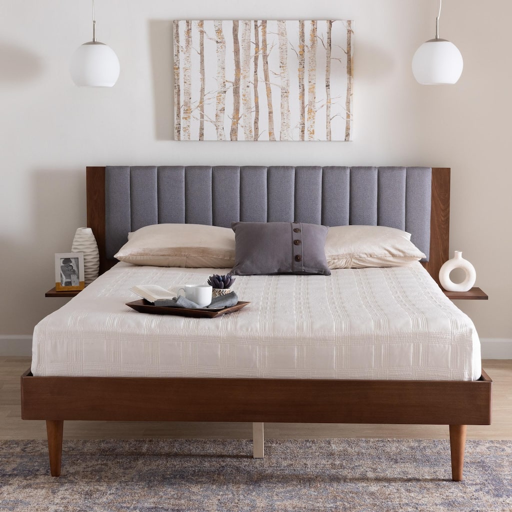 Kalista Transitional Modern Grey Fabric and Walnut Brown Wood Queen Size Bed with Built-In Side Tables