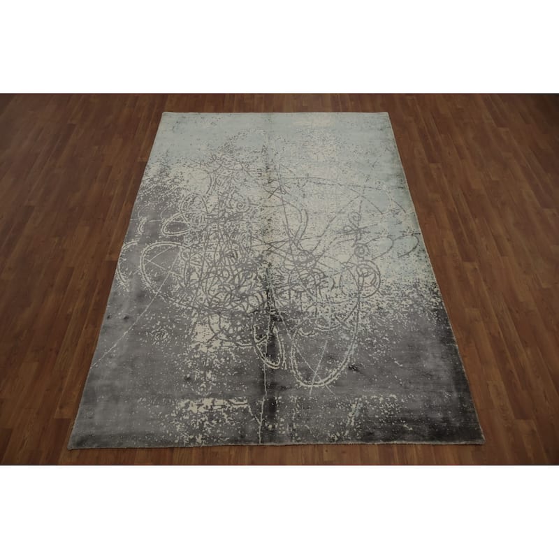 Hand Knotted Oriental Viscose Silk Carpet Modern Contemporary Greys & Charcoal Contemporary Area Rug - 9' 3'' X 6' 3''