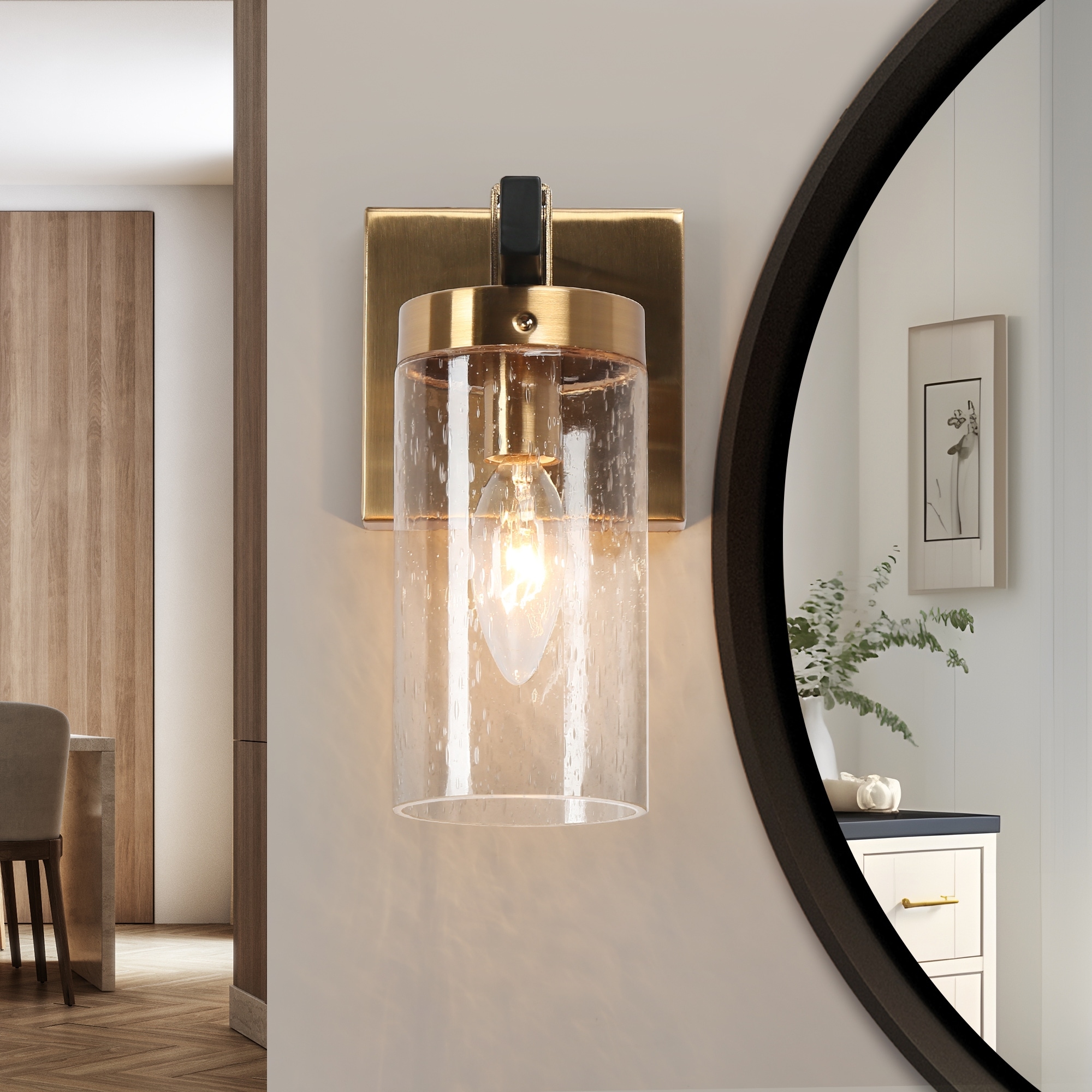 Yilia Modern Black Gold 1-Light Seeded Glass Wall Sconce Bathroom Vanity Lights