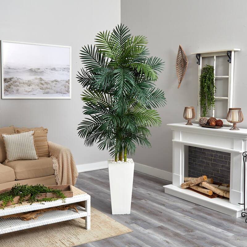 Golden Cane Palm Artificial Tree in White Tower Planter - Green