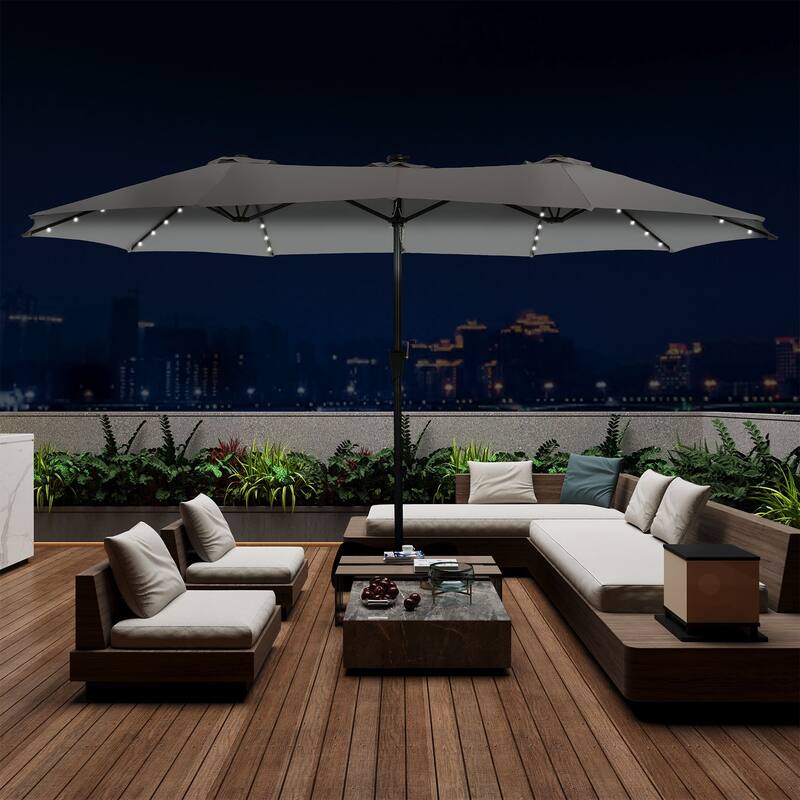 Autlaycil 15ft Retangle Patio Umbrella with Solar Lights & Base - Grey