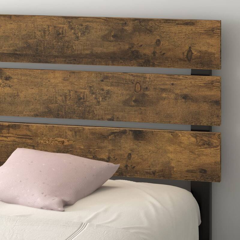 Rustic Style Platform Bed Frame Queen Size with Wood Headboard, Strong Metal Slats Support, Easy Assembly