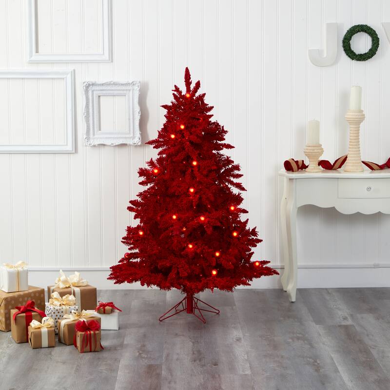 5' Pre-Lit Red Flocked Fraser Fir Artificial Christmas Tree - 5 Foot