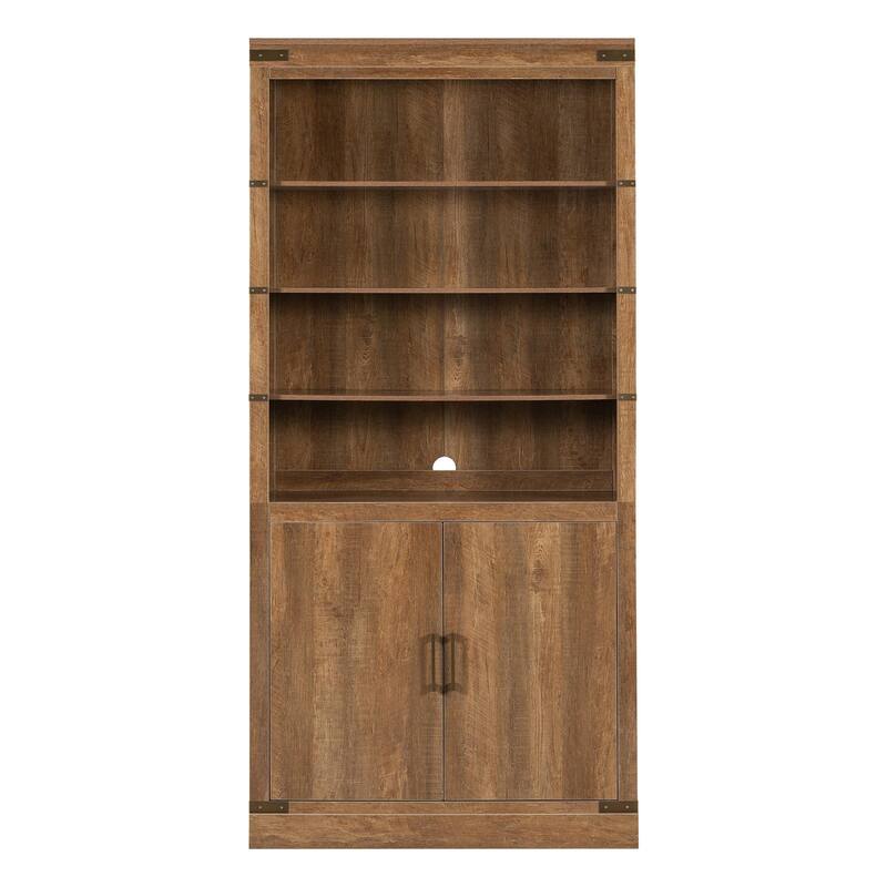 83.4" Tall Modern Bookshelf with Doors, Farmhouse Bookcase Featuring 3-Tier Adjustable Shelves & LED Display Lighting