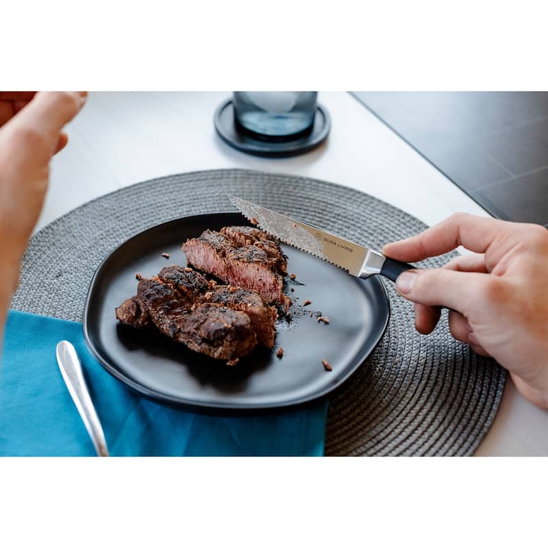 Dura Living 4-Piece Steak Knife Set - High Carbon Stainless Steel Serrated Blades, Ergonomic Black Handles
