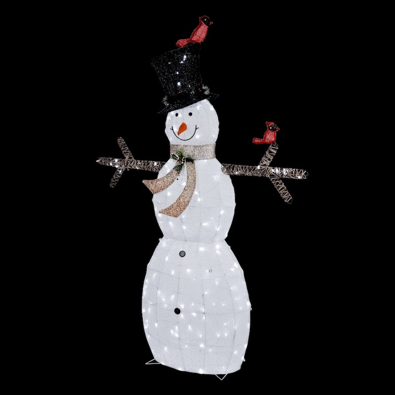 Alpine Corporation Mesh Snowman Decoration with Bird Accents and LED Lights - White