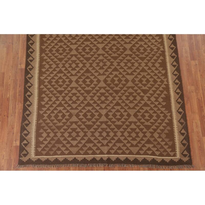 Hand Woven Oriental 100% Wool Carpet Southwestern Geometric Brown Kilim Area Rug - 9' 6'' X 6' 6''