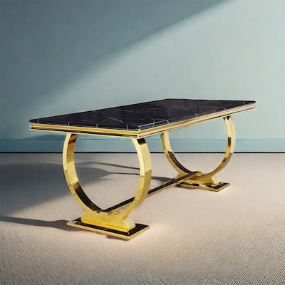 72 inch Rectangle Dining Table with Double Circle Pedestal in Black Gold