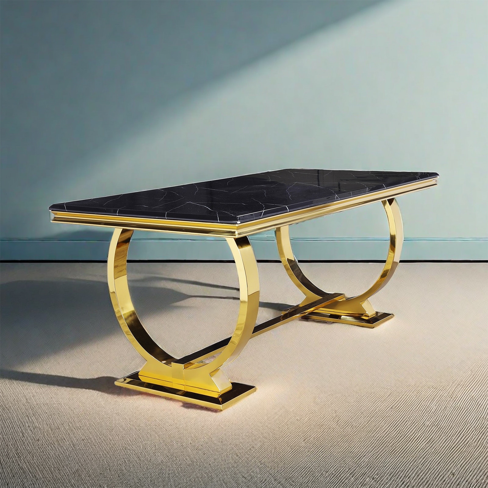 72 inch Rectangle Dining Table with Double Circle Pedestal in Black Gold