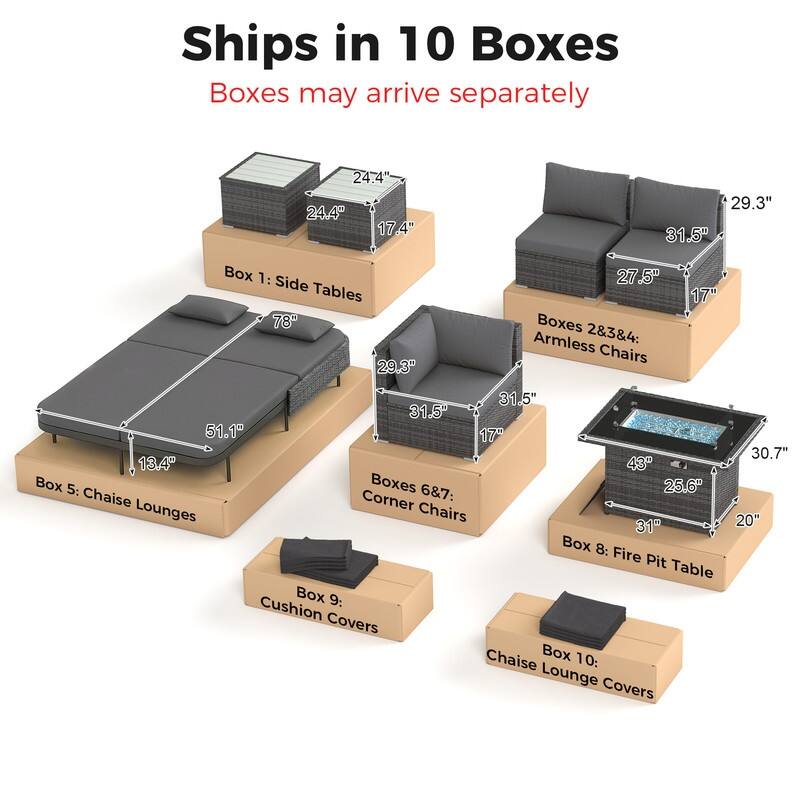 Outdoor Sectional Conversation Set PE Wicker with Double Chaise Lounge, 60,000 BTU Fire Pit Table