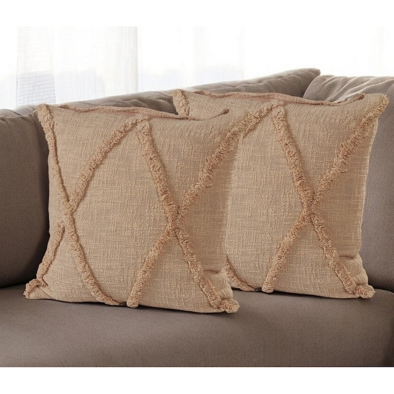 Set of Two Tan Diamond Cotton Throw Pillow With Fringe - Tan