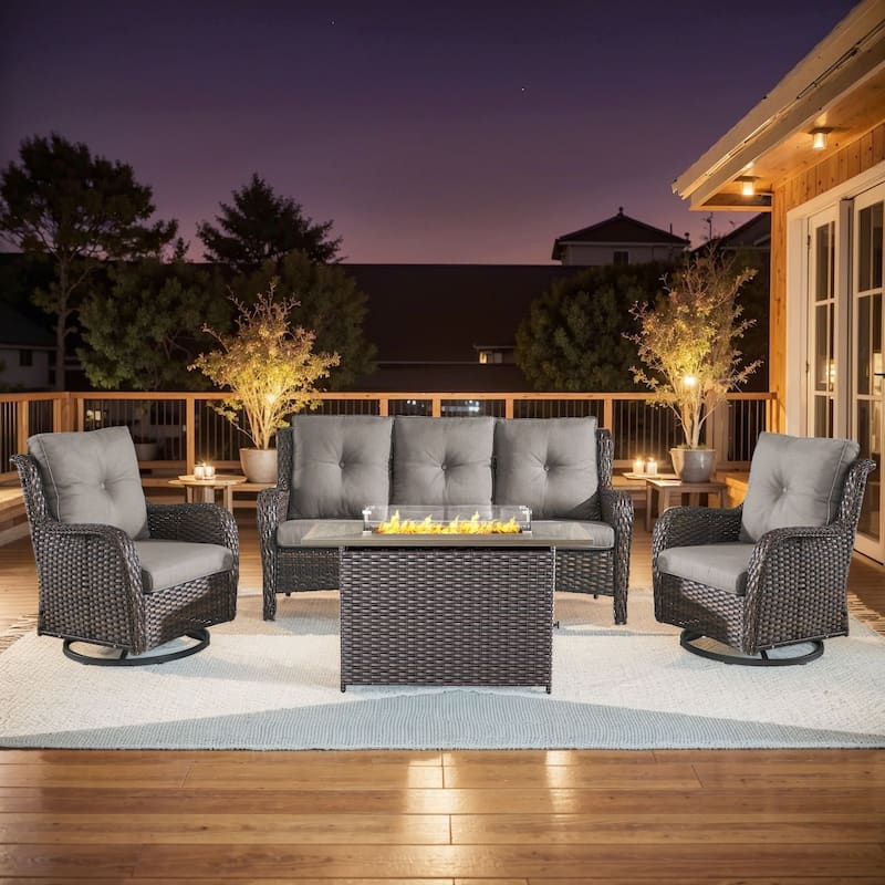 Fire Pit Table with Patio Glider Chairs Sofa Set - Brown - Grey