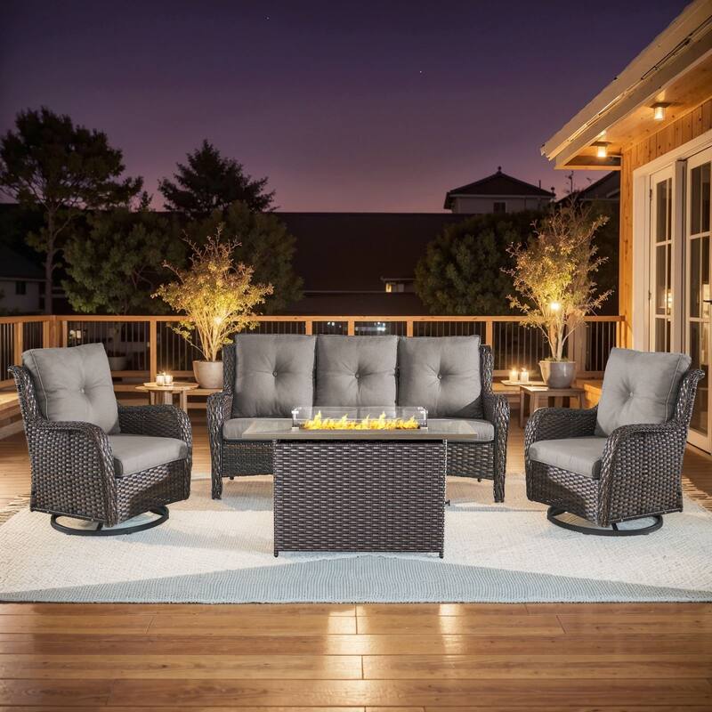 Gymojoy 4-Piece Outdoor Furniture Set, 2 Swivel Glider Chairs, 3-Seat Sofa & 55K BTU Fire Pit Table - Brown Wicker / Grey Cusion - 4-Piece