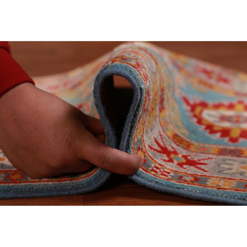 Geometric Kazak Accent Rug Hand-Knotted Oriental Blue Wool Carpet - 2'0"x 3'0"