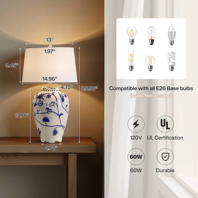 Blue and White Porcelain Table Lamp with Linen Shade - 13'' W × 13'' D × 26'' H