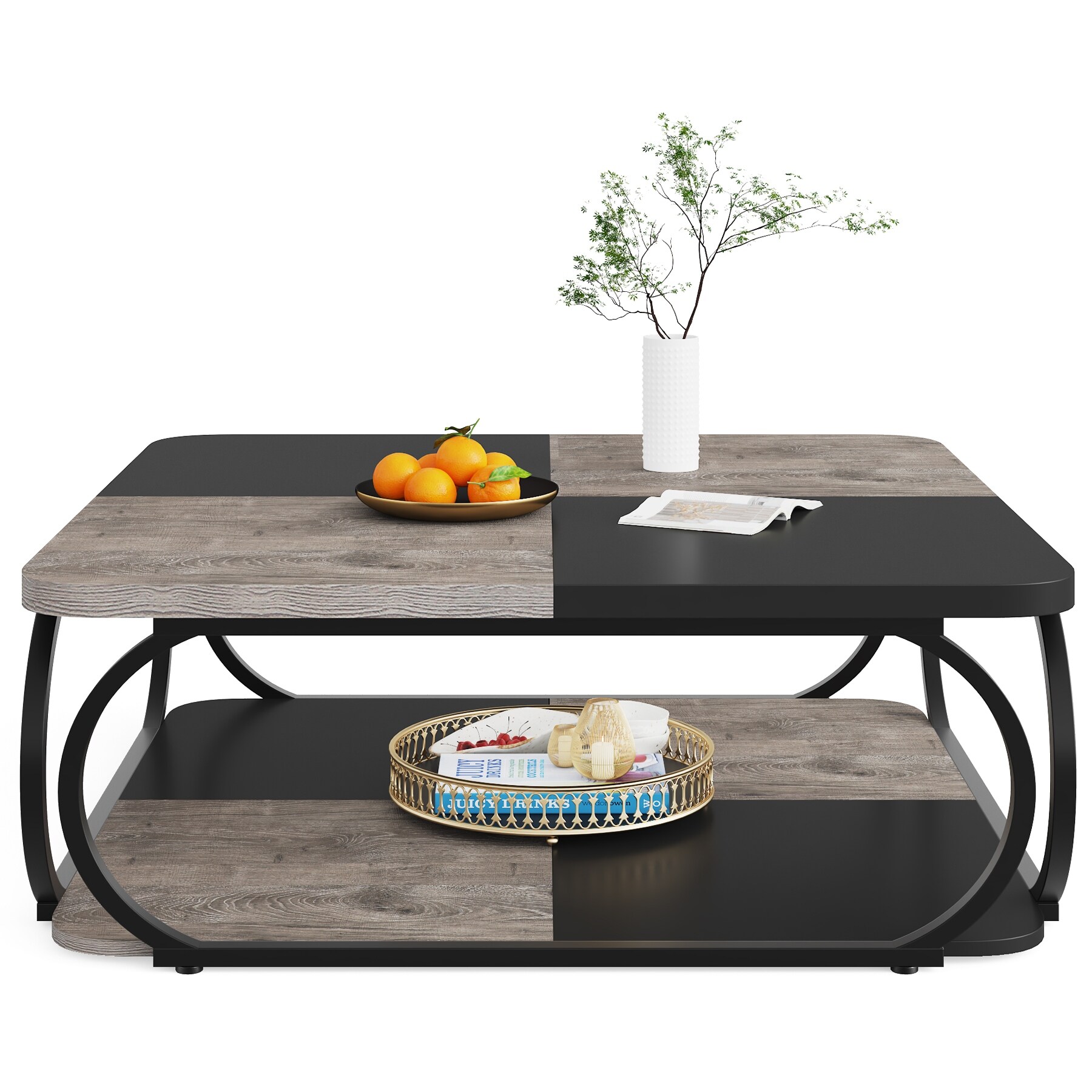39'' 2-Tier Square Coffee Table with Metal Frame for Living Room
