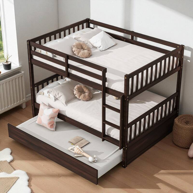 Full Over Full Rubber Wood Bunk Bed with Trundle, Convertible into Two Full Beds, Ladder and Guardrails Included