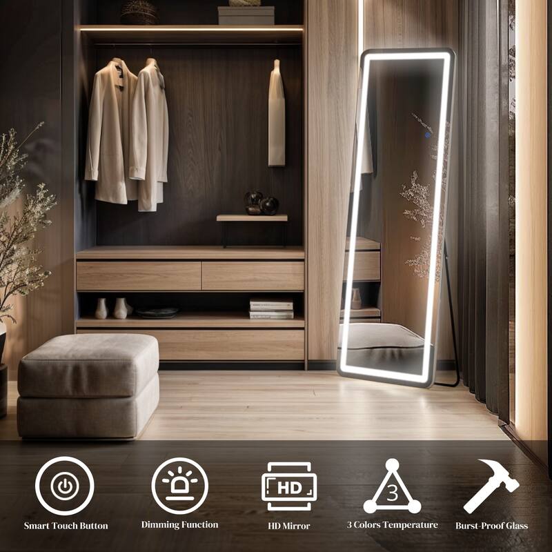 64" Full Length Mirror with 3 Color Lighting Floor Mirror with LED Light - 64*21"