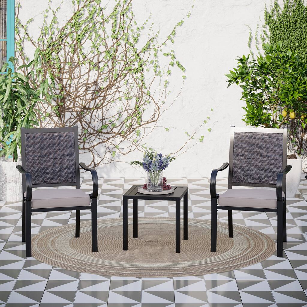 MAISON ARTS 3-piece Patio Bistro Set, 2 Rattan Chairs with Cushions and 1 Metal Side Table
