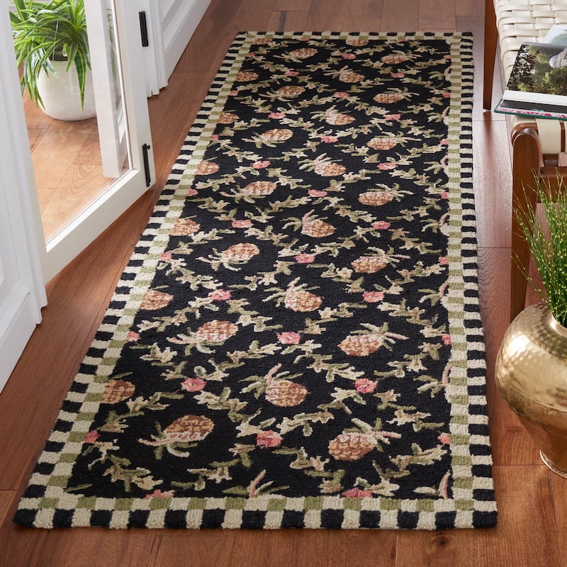 SAFAVIEH Handmade Chelsea Ribbon & Pearl Stripe French Country Wool Rug - 3' x 10' Runner - Black/Ivory