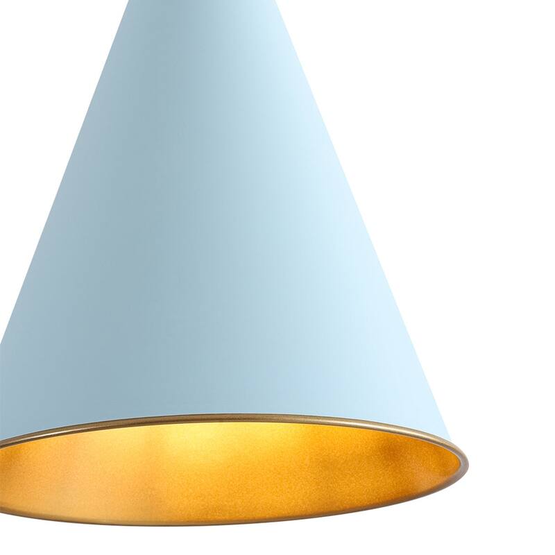 Scandinavian Aged Brass Light Blue Iron Conical Pendant Light
