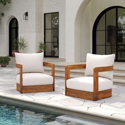 [Set of 2] Premium Acacia Wood Outdoor Club Chair, Curved Tub Design, Water-Resistant Cushions, All-Weather Slat Construction