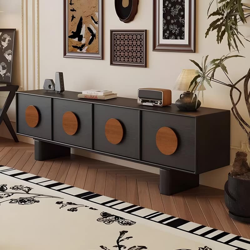 71" Mid Century Modern Black TV Stands, With Solid Wood Veneer, 4 Cabinets Media Console