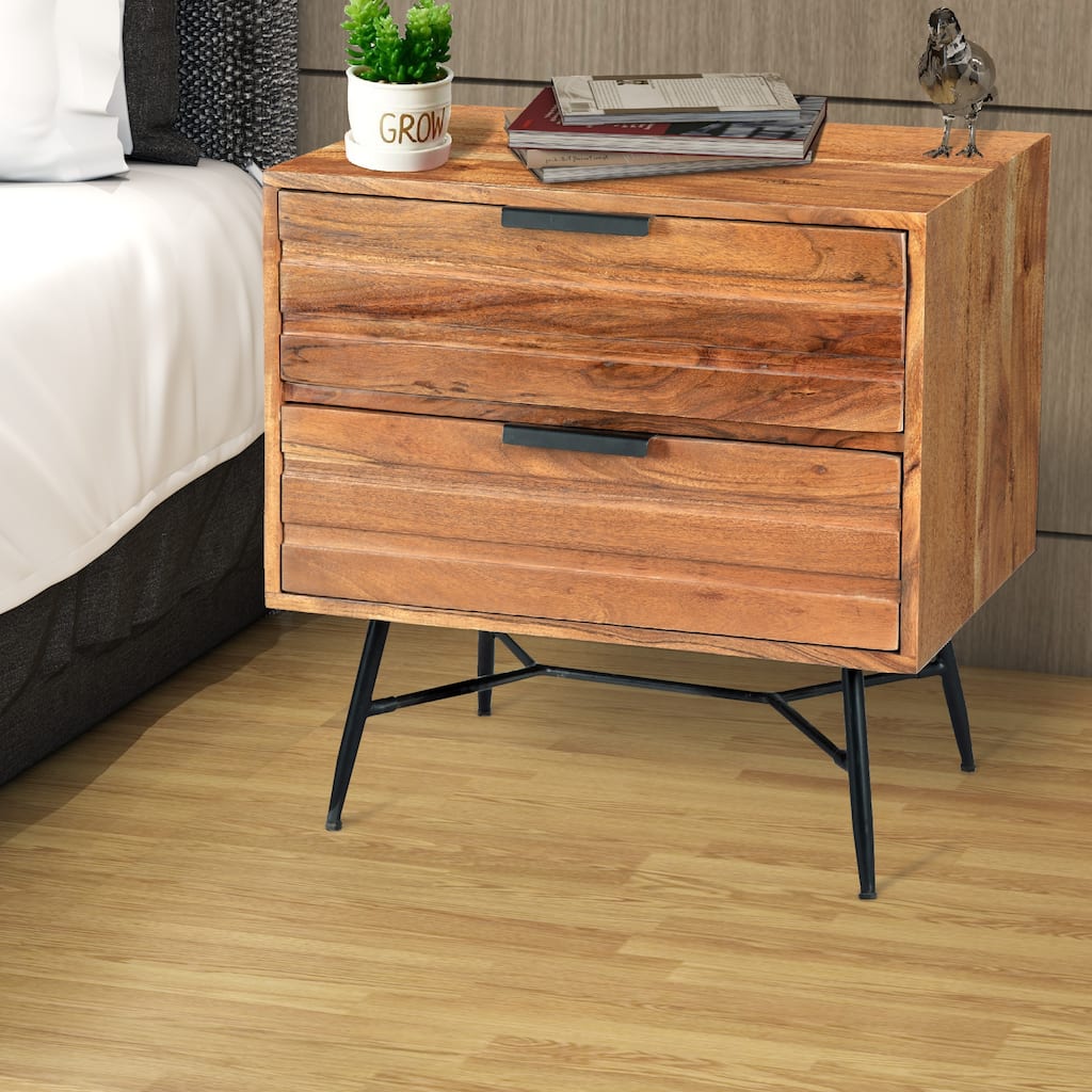 2 Drawer Wooden Nightstand with Metal Angled Legs, Black and Brown