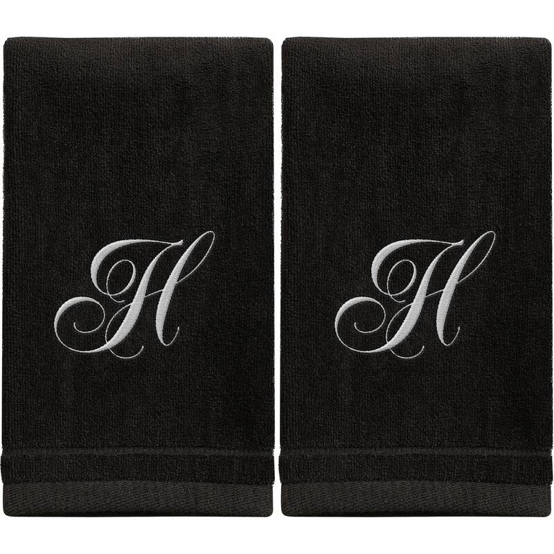 Monogrammed Black Towels Fingertip Embroidered with Initials - H