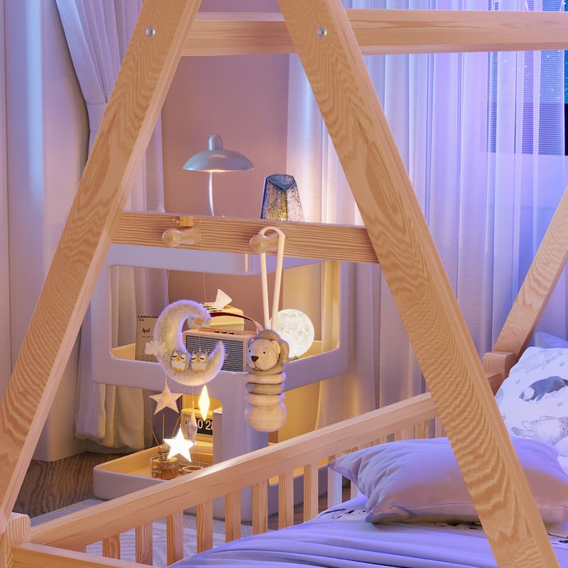 Twin Size Low House Tent Bed with Removable Roof Convertible Floor Bed with Fence, No Door for Kids Boys Girls