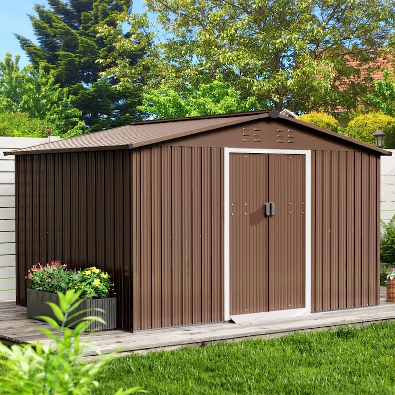Outdoor Storage Shed, with Sloped Roof & Lockable Door - Brown - 8x10 Ft