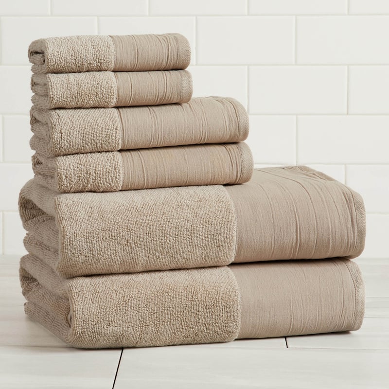 Linery & Co. Ultra-Soft Cotton and Linen Like Border Towel Set - Stone - 6 Piece Set