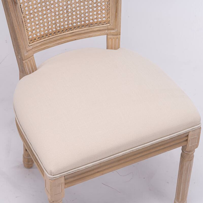 Solid Wood Dining Chairs Set of 2, Linen Upholstered Square Dining Chairs, Kitchen Chairs with Rattan Back & Wood Legs