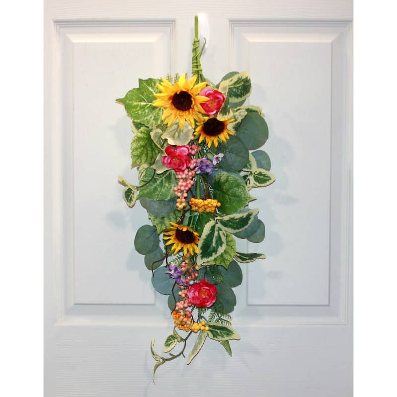 28" Artificial Sunflower, Berries and Leaves Floral Teardrop - 28