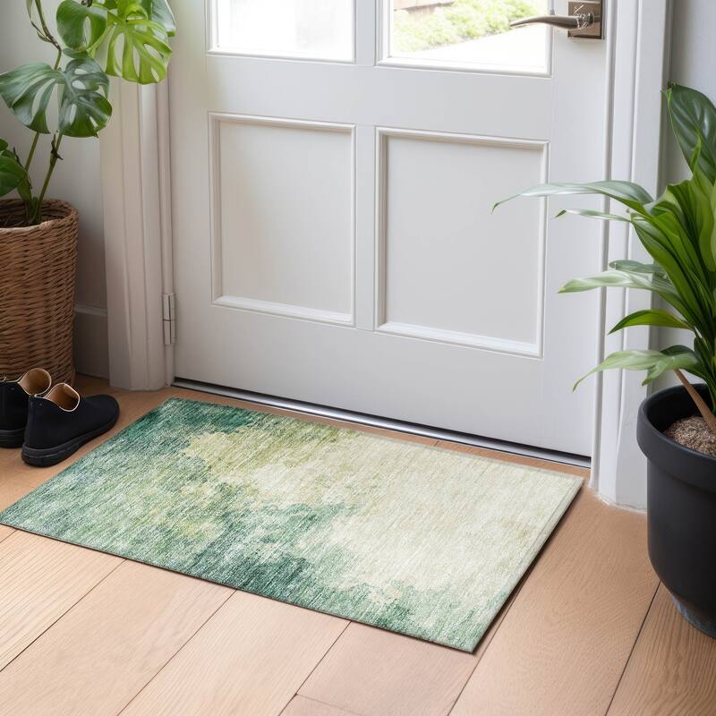 Machine Washable Indoor/ Outdoor Abstract Modern Chantille Rug - Green - 1'8" x 2'6"