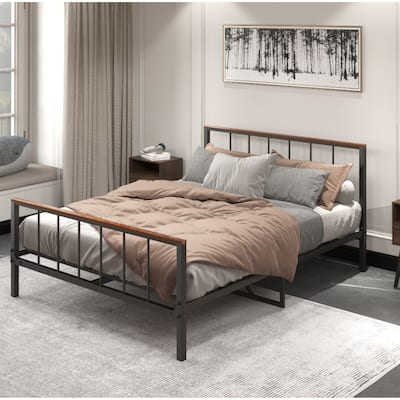 Queen Size Sturdy Metal Platform Bed frame with Headboard + Footboard