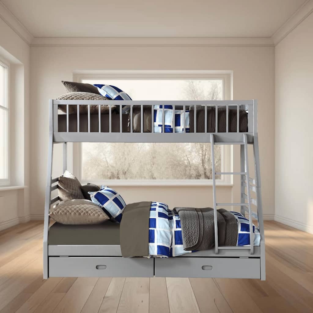 Twin Over Full Size Bunk Platform Bed Frame with 2 Storage Drawers, Stacked or Separated, Full-Length Guardrail, for Bedroom