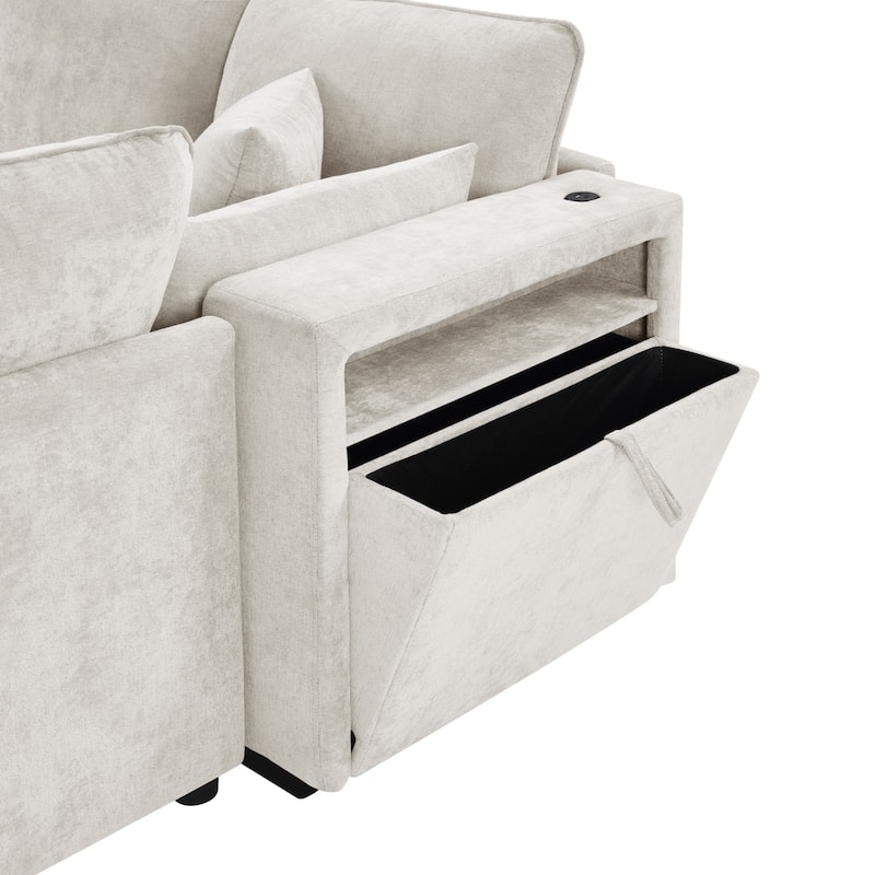 Smooth Chenille Sectional Sofa U-Shaped Modular Sofa Bed L-Shaped Couch with Movable Ottoman, Storage Armrests and USB Ports