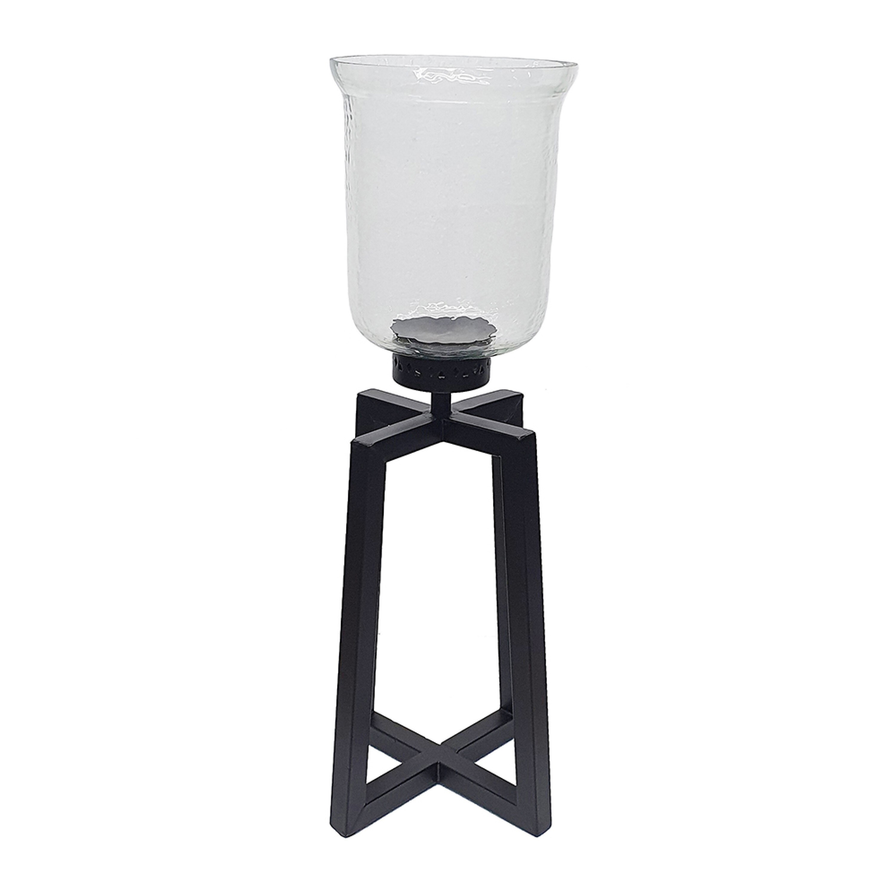 Cole Large Candle Holder, Open Crossed Black Iron, Clear Glass 23 Inch