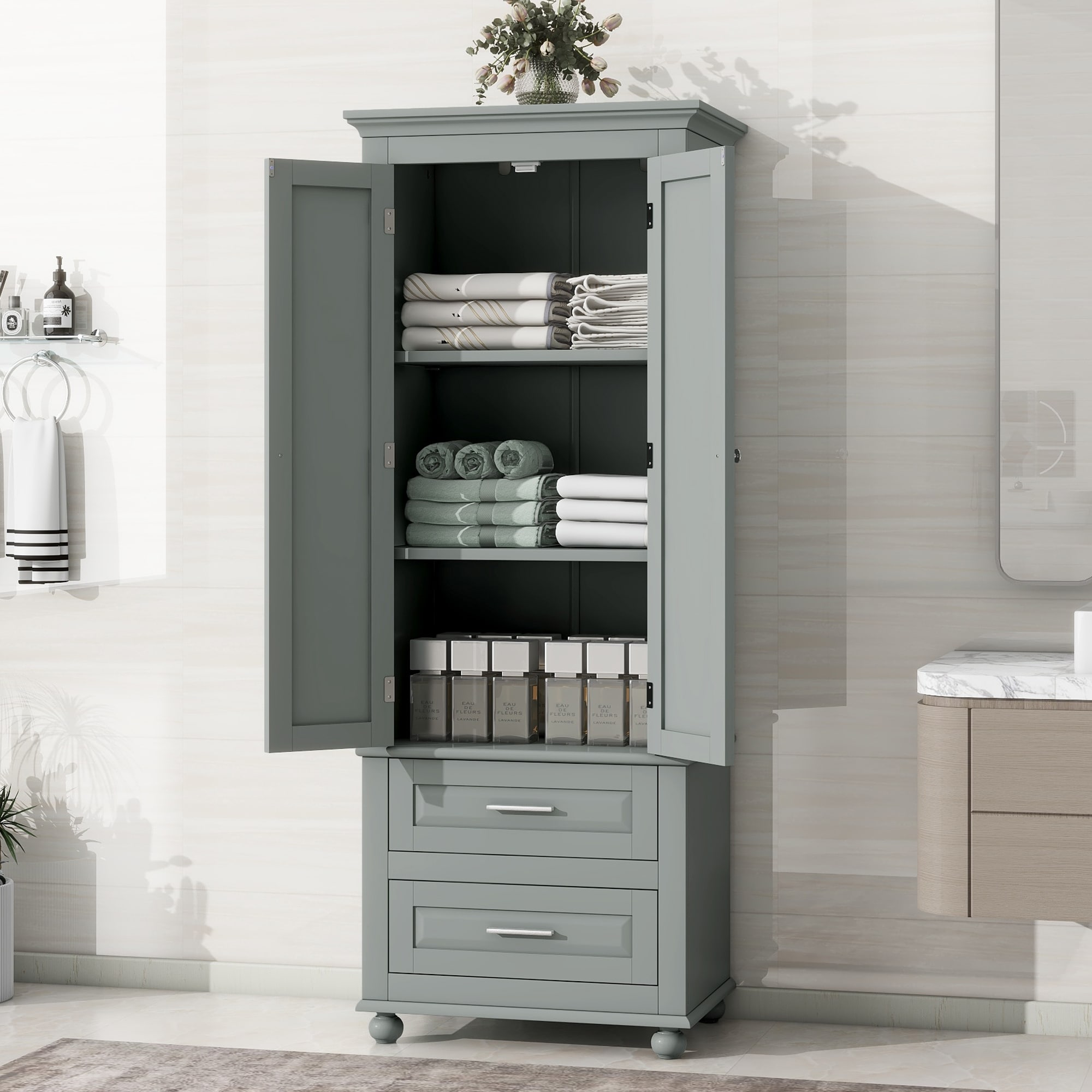 Gray Tall Storage Cabinet with Two Drawers, Adjustable Shelf for Bathroom/Office