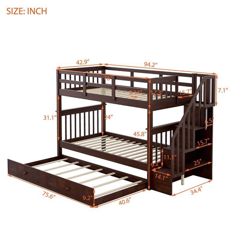 Stairway Twin Over Twin Bunk Bed with Twin Size Trundle & Stairs Storage, Detachable Solid Wood Triple Bedframe, for Kids Teens