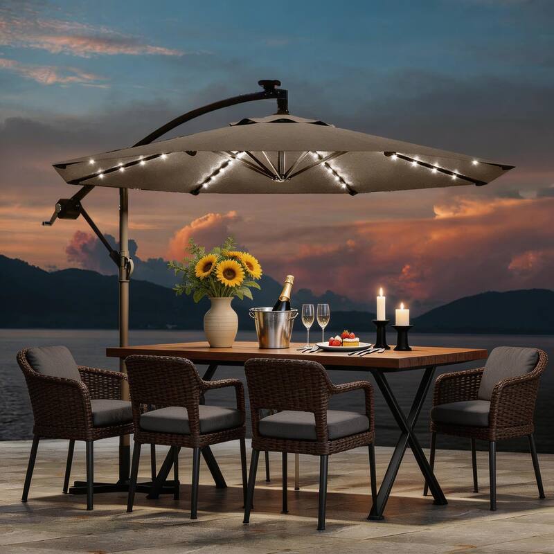 10 ft offset patio umbrella, with solar lights - Tan