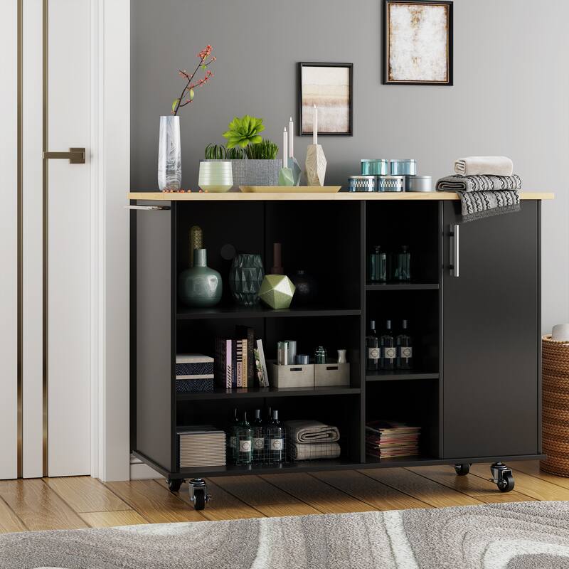 Futzca 47”W Kitchen Storage Island Cart with 6 Open Shelves and 1 Cabinet