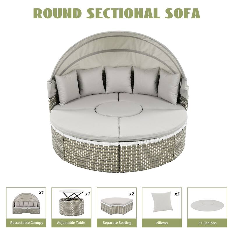 Round Outdoor Rattan Sectional Sofa with Adjustable Canopy & Cushions, PE Wicker Daybed with Coffee Table & Ottoman