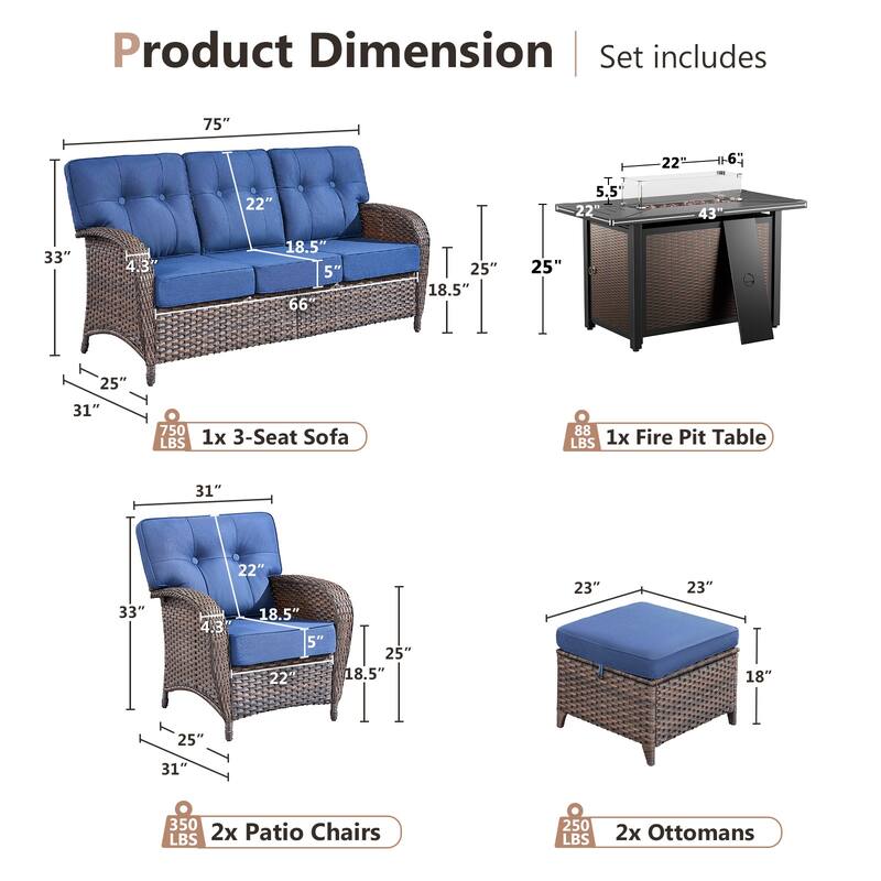 Pocassy Outdoor 43 In Fire Table with Sofa Patio Chair Set