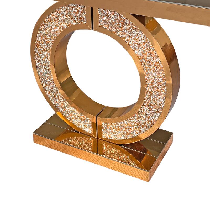 Mirrored Console Table With Crushed diamond Inlay, Long Entryway Sofatable, 0-Shaped Base Modern Accent Narrow Table