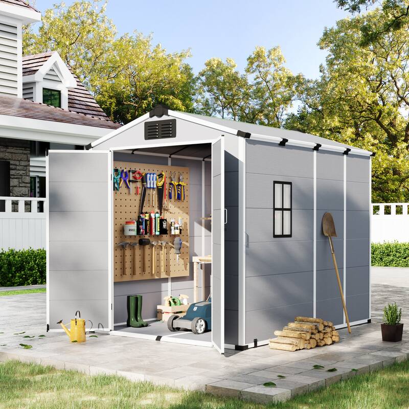 EROMMY Outdoor Storage Shed with Built-In Floor, Lockable Double Doors & Sloped Roof, Gray/Black - 6' x 8' - Grey