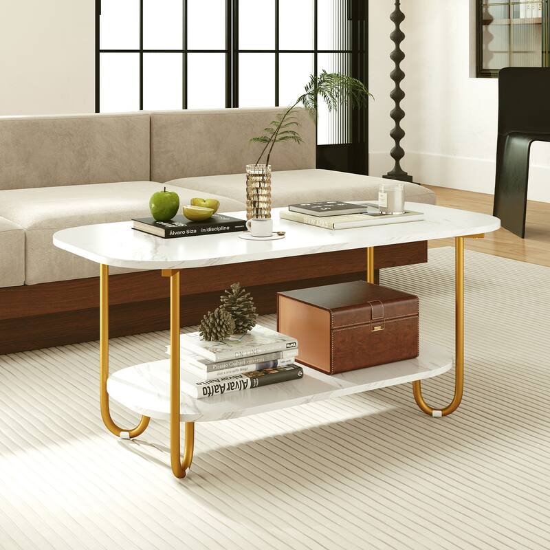 Gymax Faux Marble Top Coffee Table w/Metal Frame Rounded Corners &