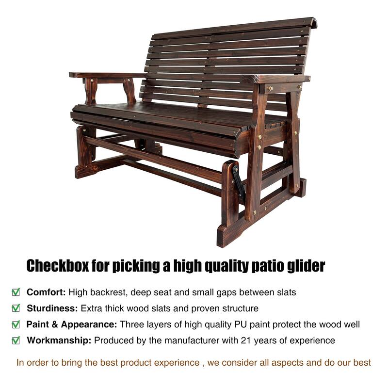 Wooden Patio Glider with High Roll Back and Deep Contoured Seat